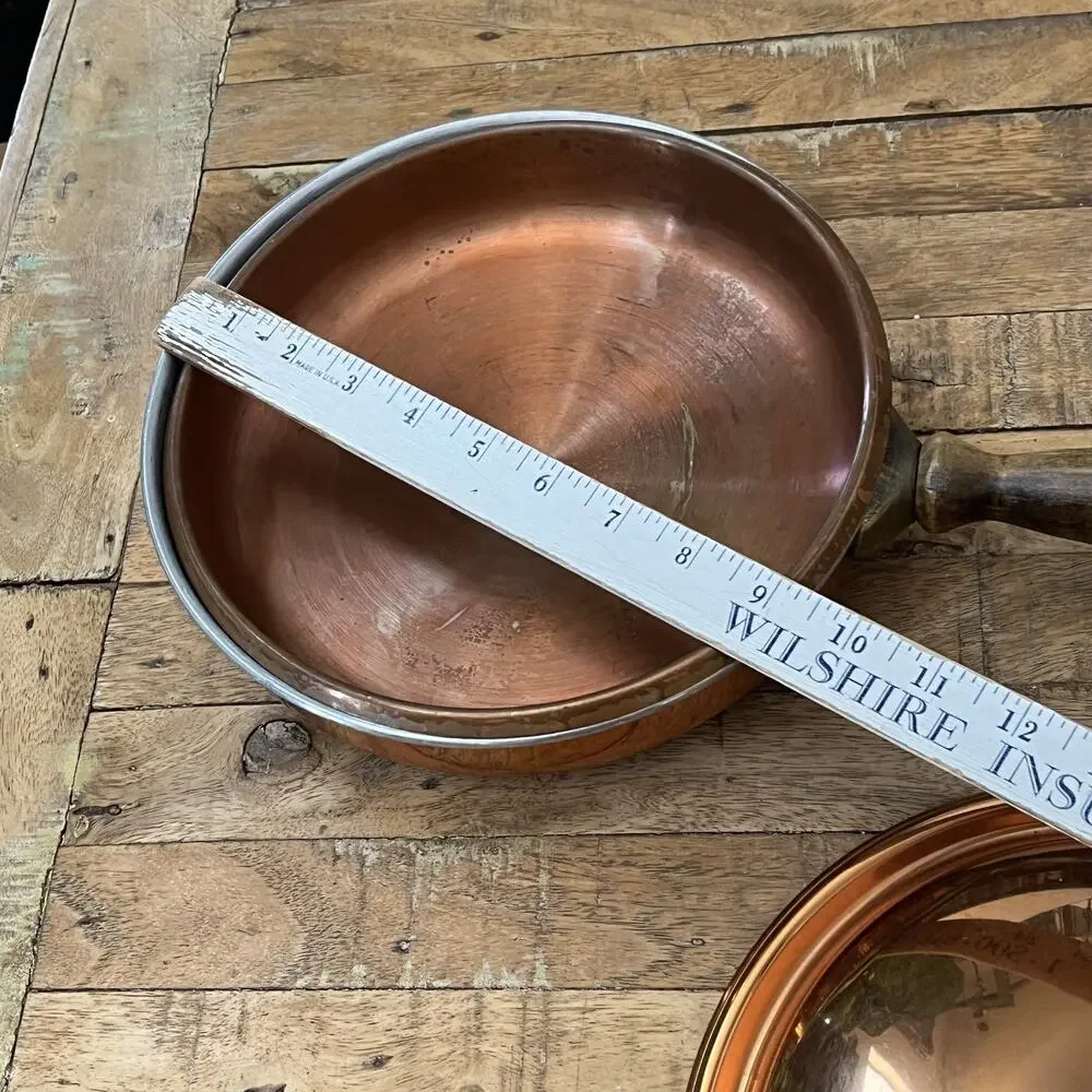 Vintage Copper Saute Pan Skillet with Lid Wood Handle